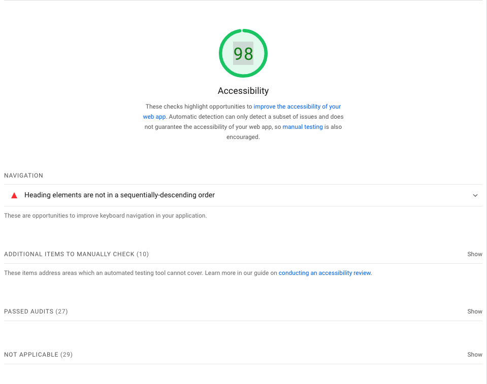 Pagespeed Insights current results